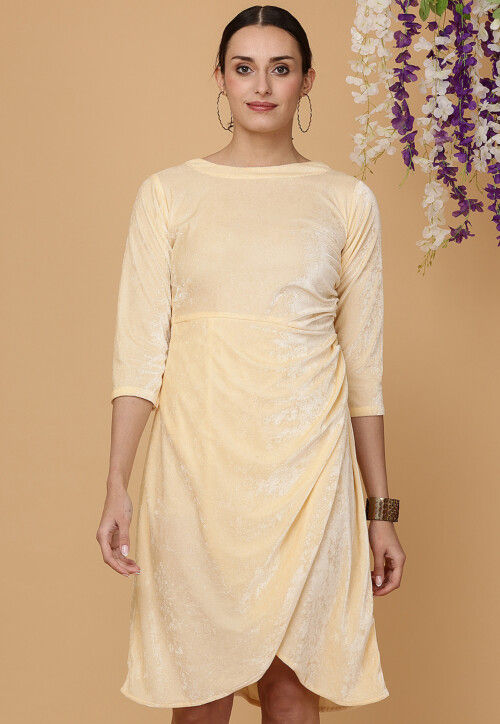 Solid Color Velvet Tulip Short Dress in Cream