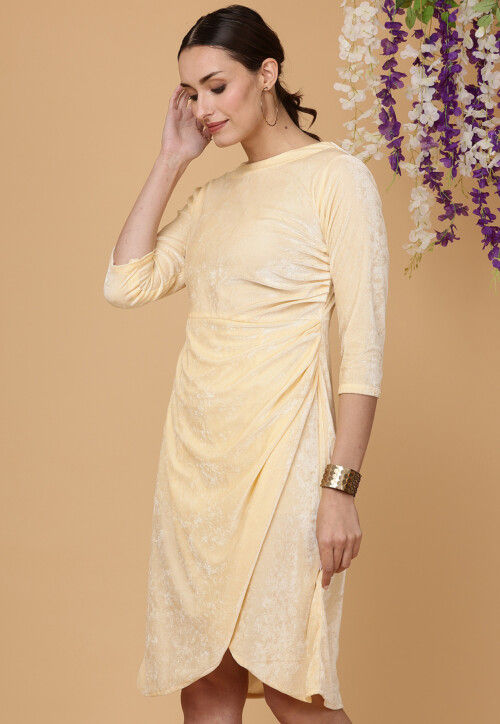 Solid Color Velvet Tulip Short Dress in Cream