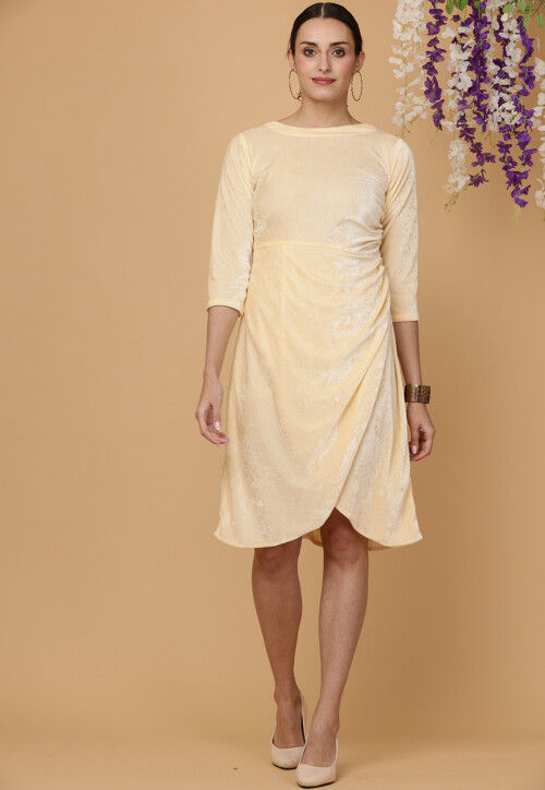 Solid Color Velvet Tulip Short Dress in Cream