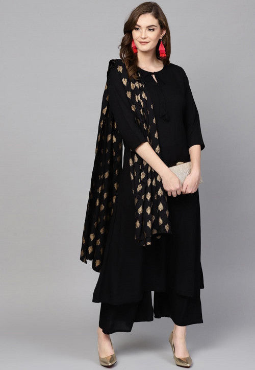 Solid Color Viscose Rayon Pakistani Suit in Black