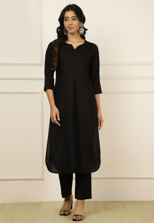 Solid Color Viscose Rayon Straight Kurta Set in Black