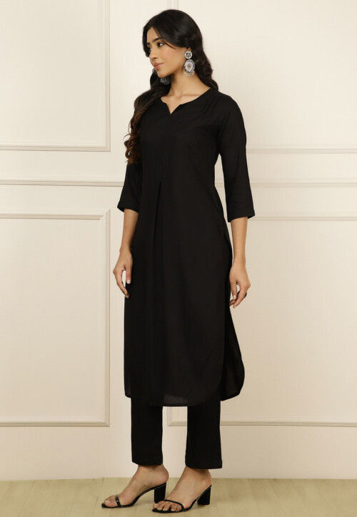 Solid Color Viscose Rayon Straight Kurta Set in Black