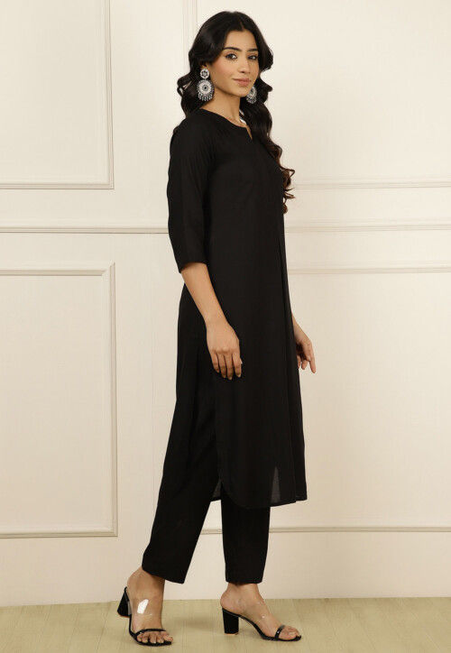 Solid Color Viscose Rayon Straight Kurta Set in Black