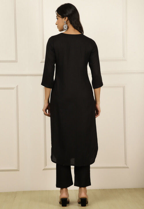 Solid Color Viscose Rayon Straight Kurta Set in Black