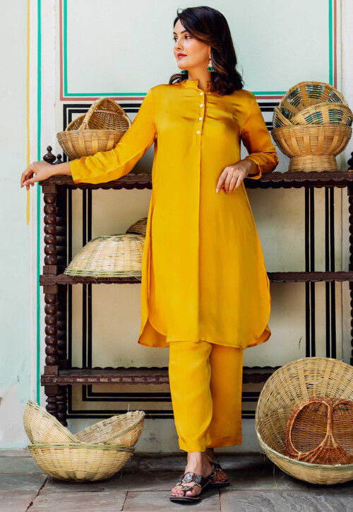 Buy Solid Color Viscose Satin Kurti Set in Mustard Online TQM913