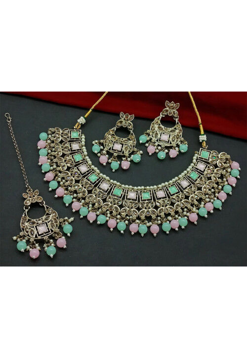 Pink Stone Studded Choker Necklace Set - 6278