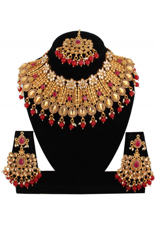 Red Stone Studded Choker Necklace Set - 6213 main image 0