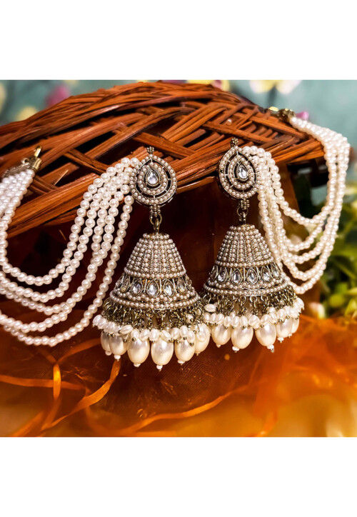 Stone Studded Jhumka Style Earrings with Ear Chain