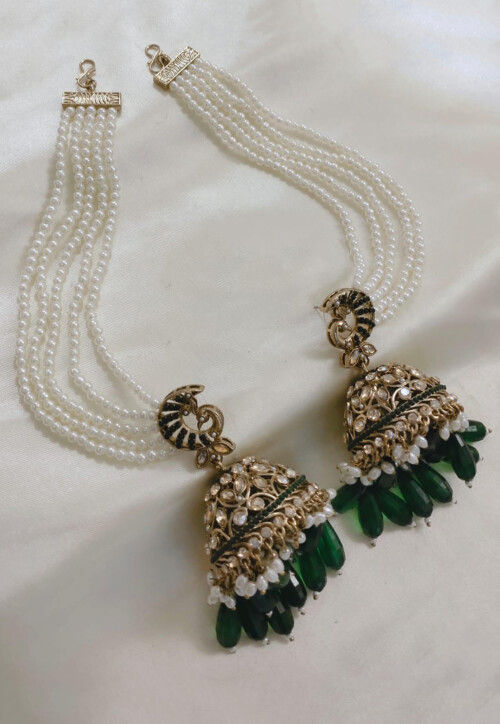 Stone Studded Jhumka Style Earrings with Layered Ear Chain