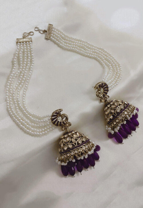 Stone Studded Jhumka Style Earrings with Layered Ear Chain