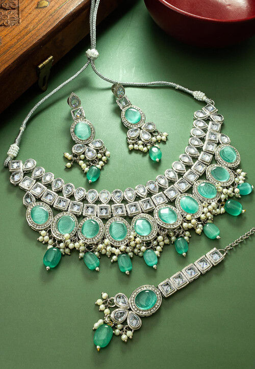 GREEN SPARKLES, PATEL GREEN STONE GOLD FINISH NECKLACE SET FOR WOMEN - –  www.soosi.co.in