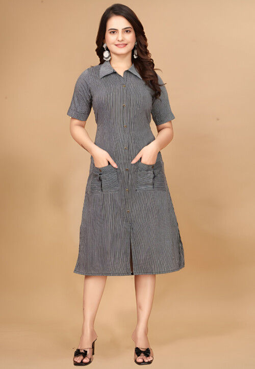 Stripe Printed Cotton Button Down Dress in Grey
