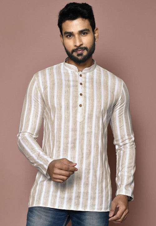 Stripe Printed Cotton Short Kurta in Light Beige MDY301