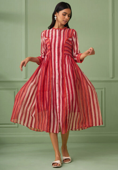 Stripe Printed Cotton Silk Button Down Dress in Red