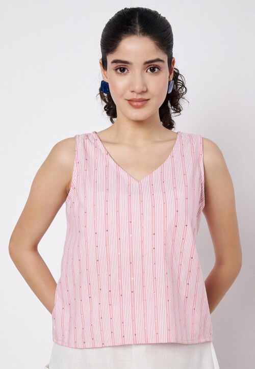 Stripe Printed Cotton Top in Pink