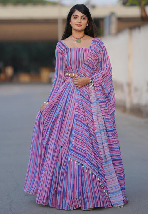 Stripe Printed Georgette Lehenga in Multicolor