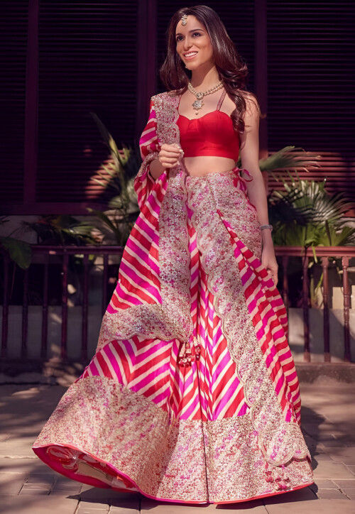 Stripe Printed Georgette Lehenga in Red and Pink