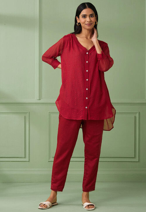 Stripe Printed Pure Cotton Top Set in Red