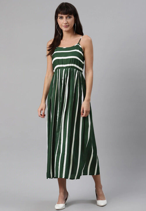 Stripe Printed Rayon Midi Dress in Green