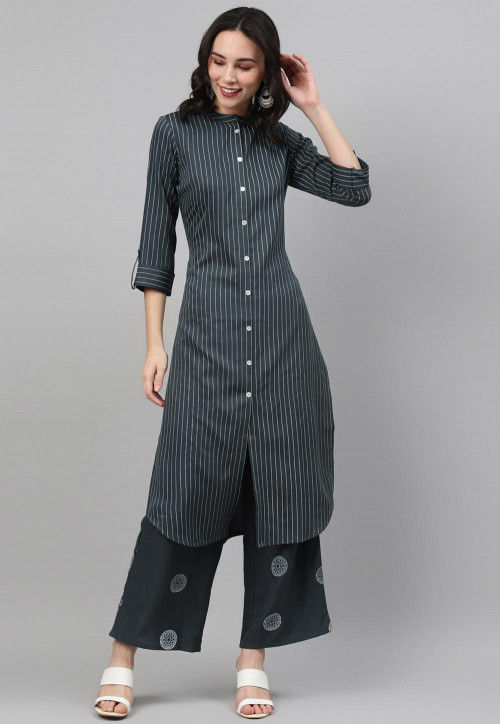 Stripe Printed Rayon Pakistani Suit in Grey