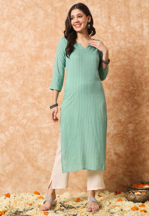Stripe Printed Rayon Straight Kurta in Sea Green
