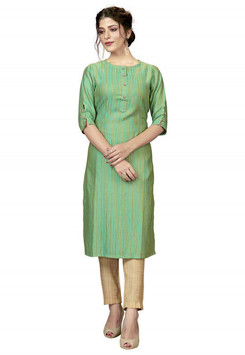 Stripe Printed Viscose Straight Kurta in Light Green
