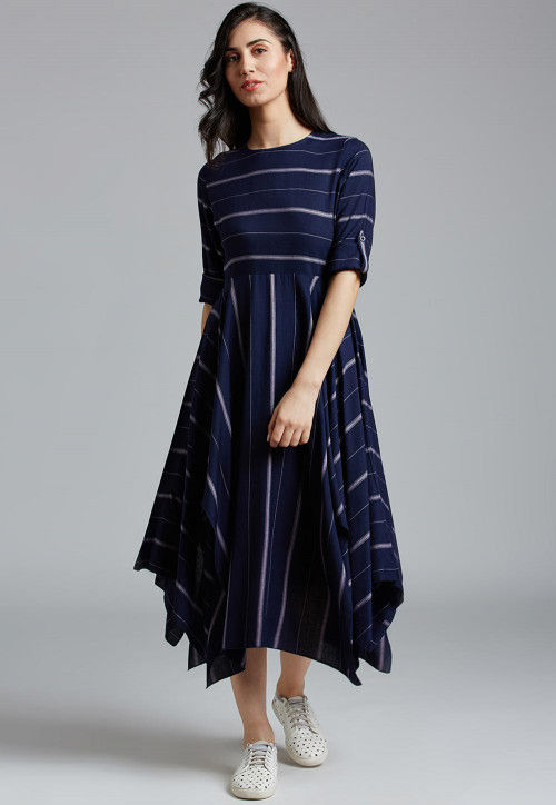Striped Cotton Asymmetric Dress in Navy Blue