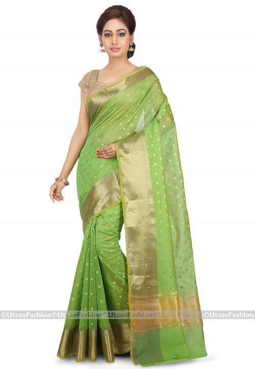 Woven Cotton Silk Saree in Light Green