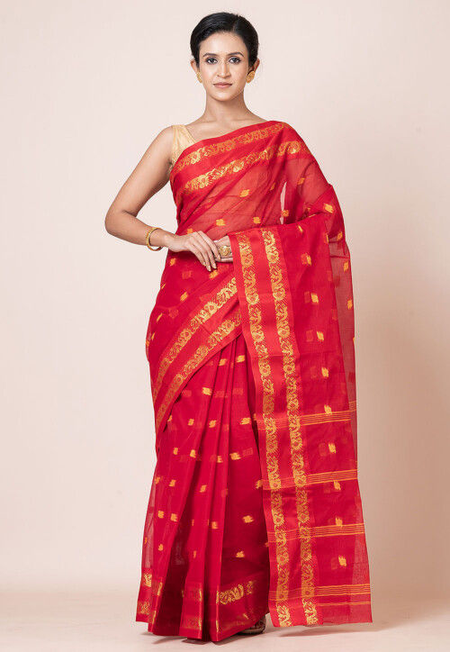 Tant Pure Cotton Saree in Red