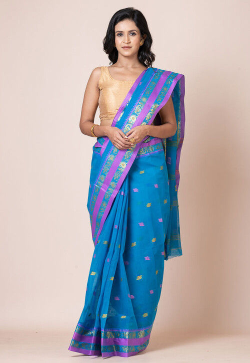 Tant Pure Cotton Saree in Teal Blue