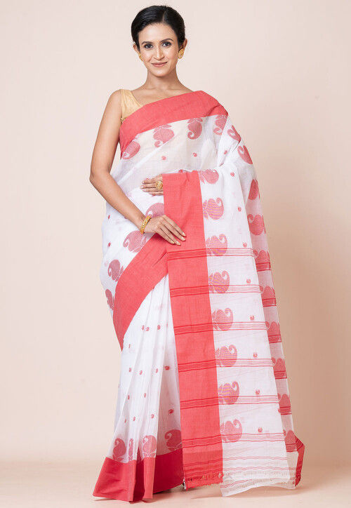 Tant Pure Cotton Saree in White