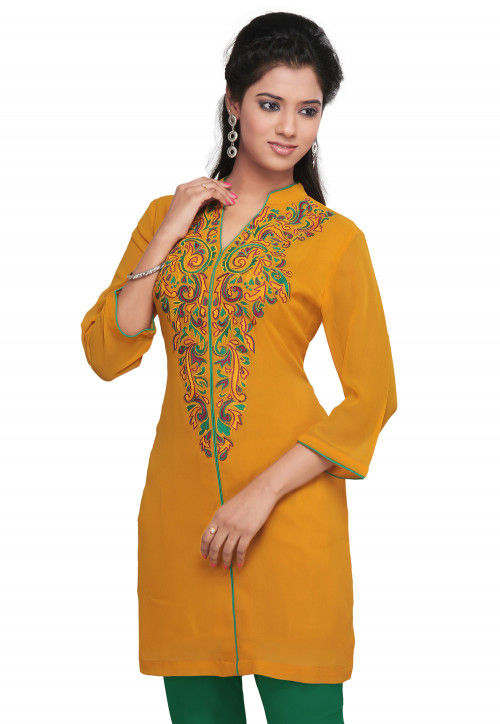 Embroidered Georgette Tunic In Yellow