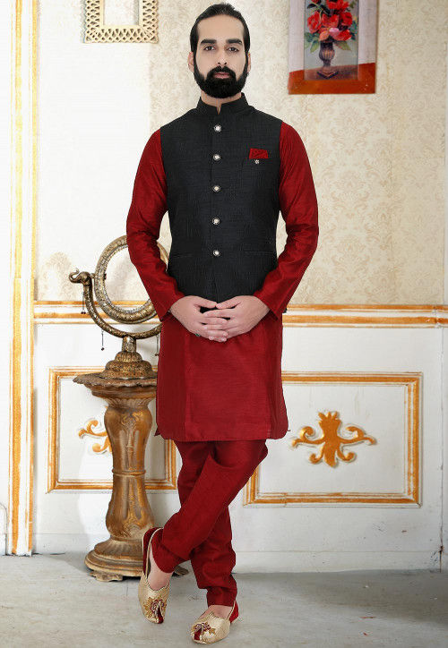 Buy Textured Art Silk Nehru Jacket in Black Online MHG1427