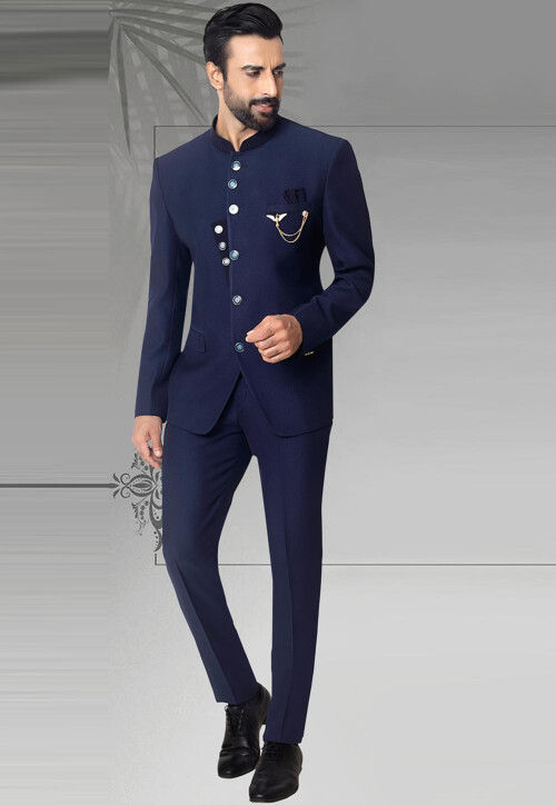 Buy Textured Terry Rayon Jodhpuri Suit in Navy Blue Online : MHG2796 ...