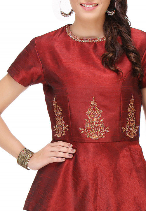 Embroidered Art Silk Peplum Top in Maroon