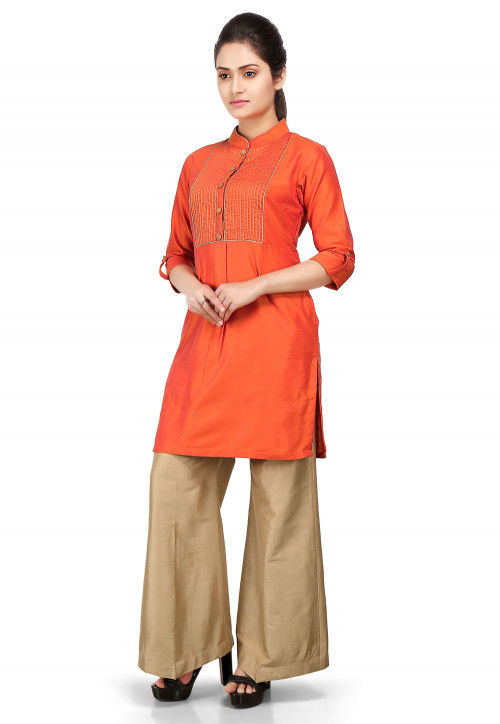 Shining Orange Festive A-line Kurti with Straight Pants – anokherang