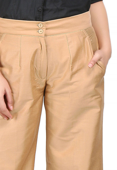 Plain Cotton Silk Palazzo Pant in Beige