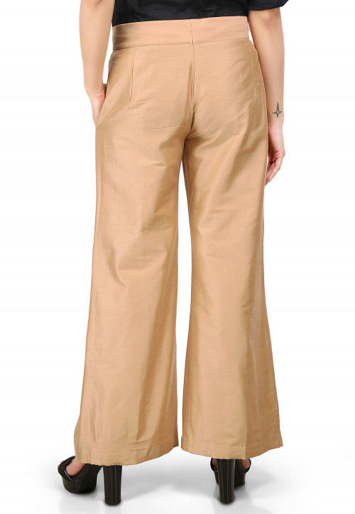 Plain Cotton Silk Palazzo Pant in Beige