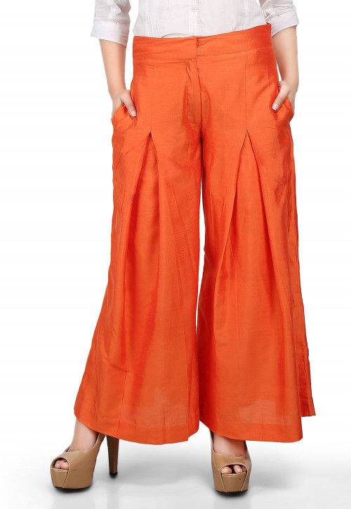 Plain Flared Cotton Silk Palazzo Pant in Orange