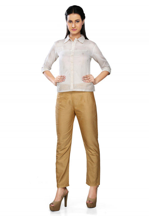 Art Silk Straight Pant In Beige