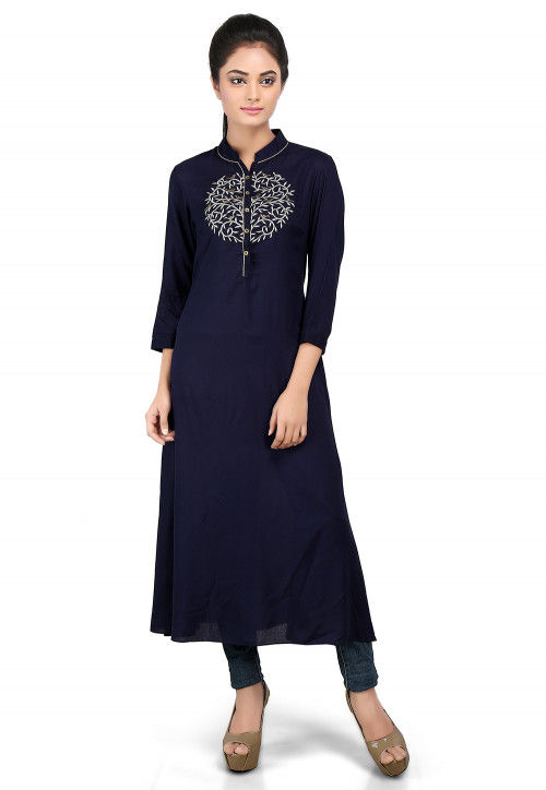 Embroidered Viscose Long Kurta in Navy Blue