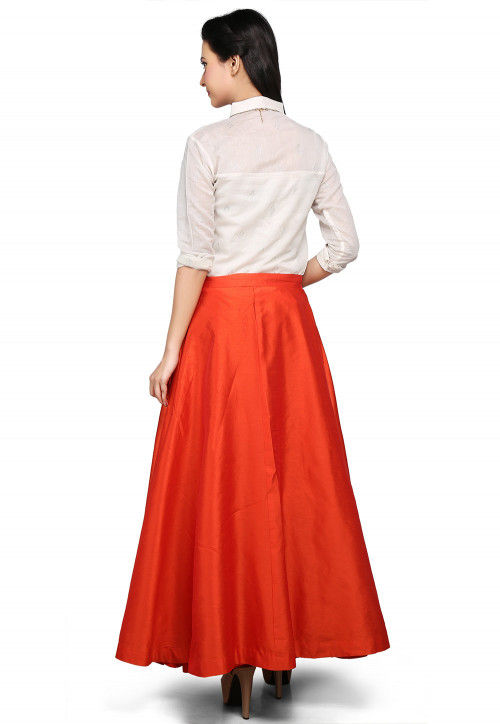 Art Dupion Silk Long Skirt In Orange : THU107