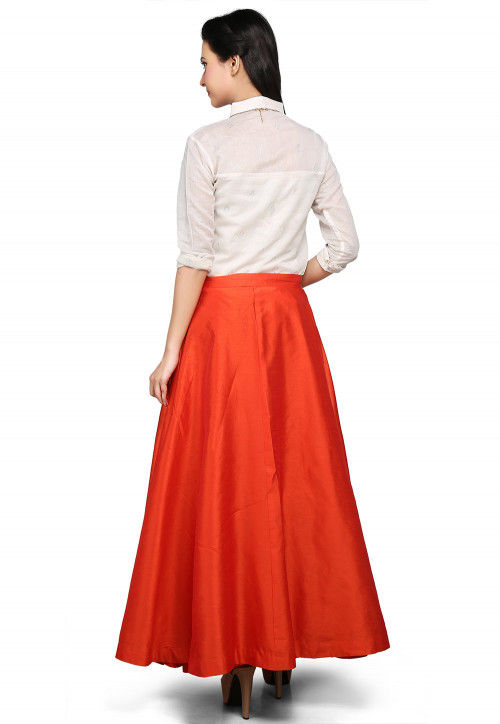 Art Dupion Silk Long Skirt In Orange