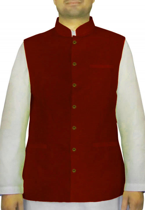 Plain Art Silk Nehru Jacket in Maroon
