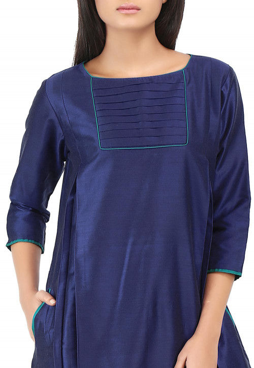 Plain Cotton Silk Kurta in Blue