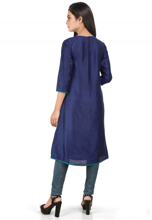 Plain Cotton Silk Kurta in Blue