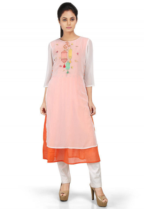 Embroidered Georgette Layered Kurta in Off White and Orange