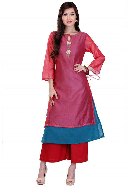 Plain Chanderi Silk Layered Kurta in Magenta and Teal Blue
