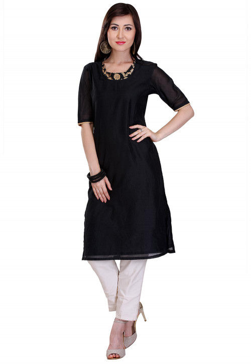 Plain Chanderi Silk Kurta in Black