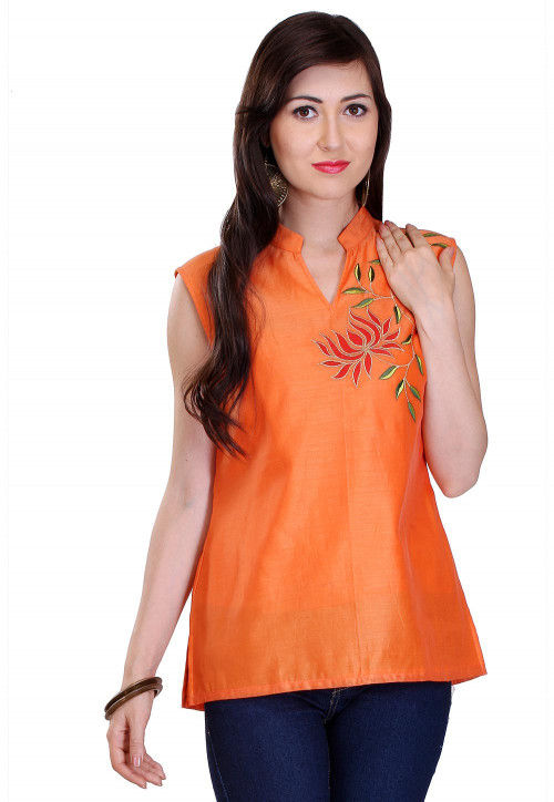 Embroidered Chanderi Silk Kurti in Orange